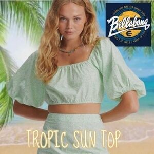 BILLABONG Tropic Sun Woven Blousen Sleeve Smocked-Back Cotton Crop Top-LG NWT